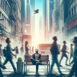 man sitting on a bench finding peace in a chaotic situation